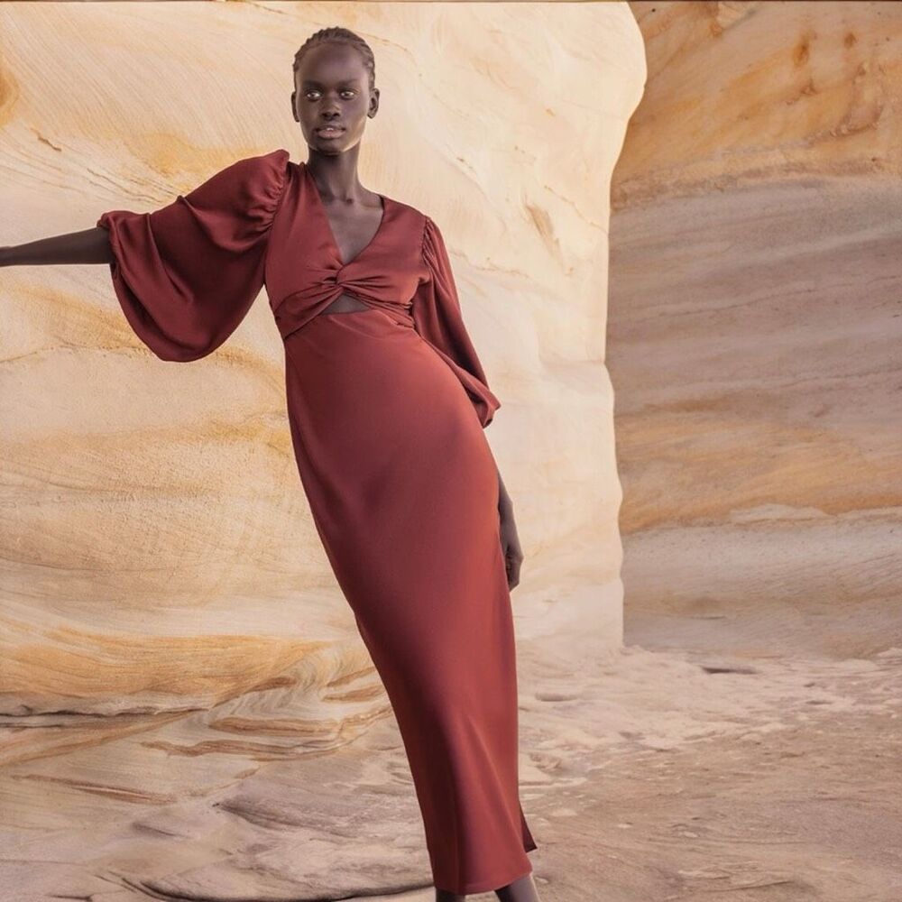 Shona Joy‎ Luxe Twist Ballon Sleeve Cut Out Midi Dress Size US 10 AU 14 Sangria